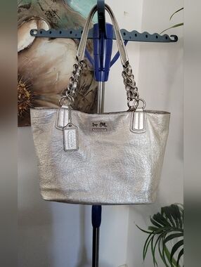 Coach Metallic Silver Leather Tote with Chain-Accent Straps